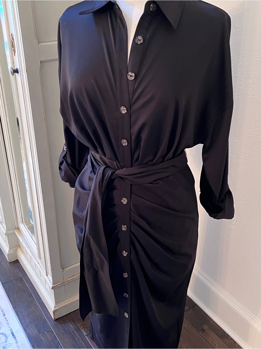 NWT Antonio Melani Classic Black Button-Front Ruched Shirt Dress with Waist Tie